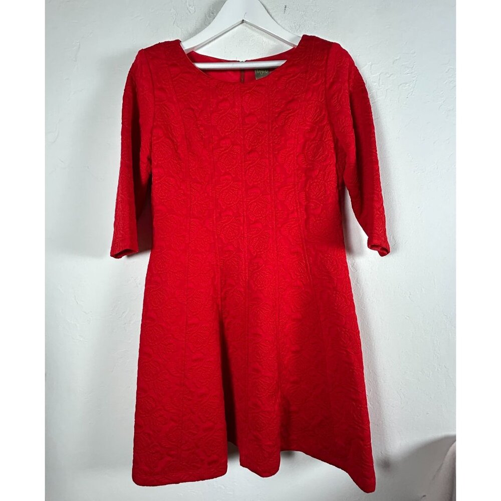 Taylor Women’s Red Embossed Floral A-Line Dress Size 12 Round Neck 3/4 Sleeve